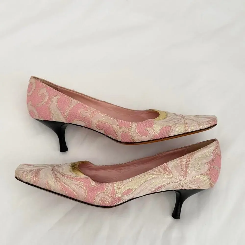 Vintage Bettye Muller Pink & Gold Brocade Kitten Heel Size 39- 8.5